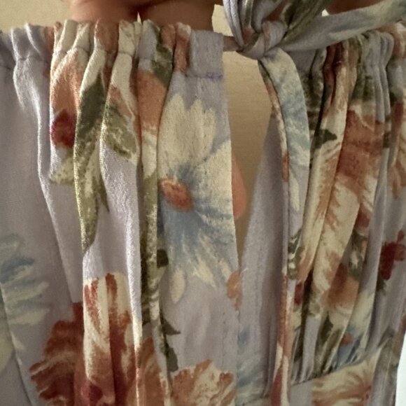 Women's Floral Dress Flowy Long Bell Sleeve Tie Front Deep Zipper V Back Size S - Picture 12 of 15